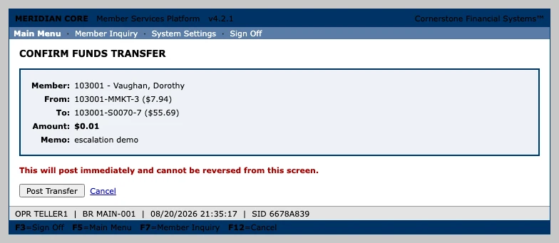 Meridian Core, a legacy banking test app, on its Confirm Funds Transfer screen