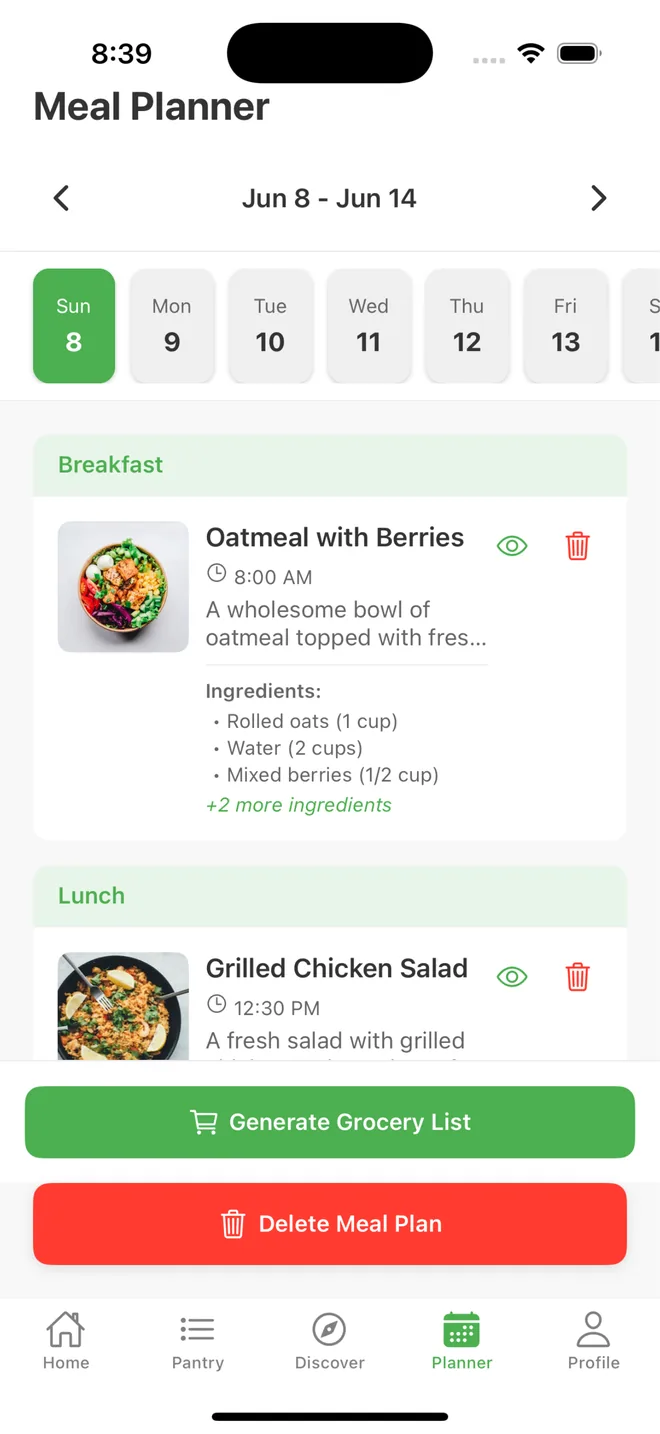 PantrIQ meal planner week view